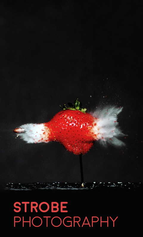 Strobe Photography: a bullet is pictured piercing 3 strawberries in sequence